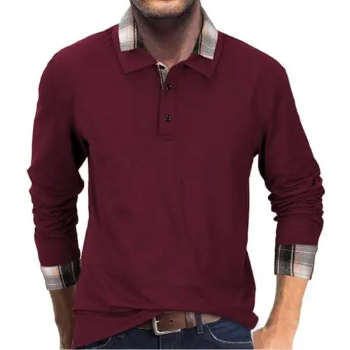 Produktbild: HMIYA Herren Poloshirt-Langarm Karierter Kragen Poloshirt aus Baumwolle atmungsaktiv Golf Casual T-Shirt,Rot,XL
