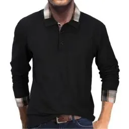 Produktbild: HMIYA Herren Poloshirt-Langarm Karierter Kragen Poloshirt aus Baumwolle atmungsaktiv Golf Casual T-Shirt,Schwarz,XL