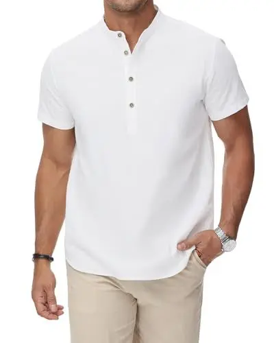 Produktbild: HMIYA Herren Sommerhemd Baumwolle Leinen Kurzarm Hemd Herren Henley-Kragen Lässiges Regular Fit Shirts
