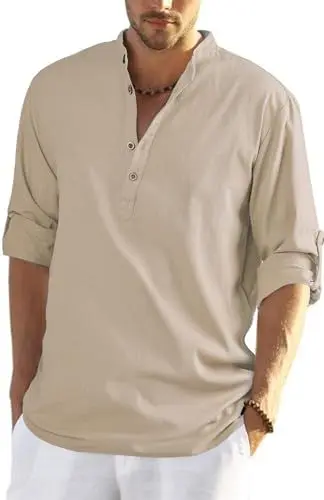 Produktbild: HMIYA Herren Sommerhemd Baumwolle Leinen Langarm Hemd Herren Henley-Kragen Lässiges Regular Fit Shirts