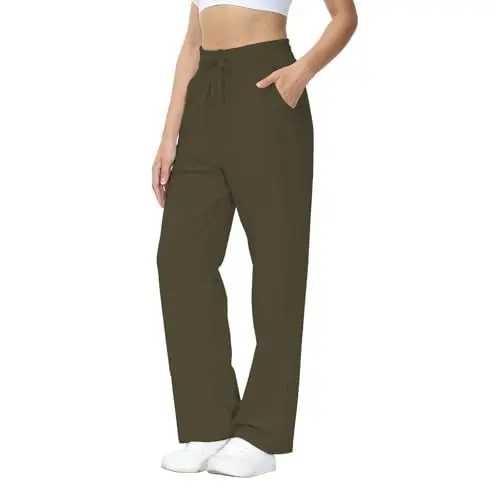 Produktbild: HMIYA Jogginghose Damen Baumwolle Freizeithose Lang offenem Boden Yogahose Sporthose Geradem Bein Hose mit Taschen(Armeegrün L)