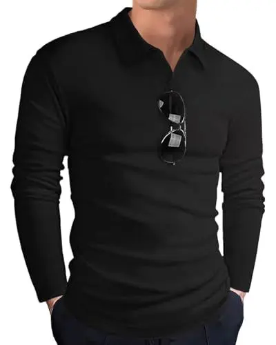 Produktbild: HMIYA Poloshirt Herren Langarm Baumwolle Langarmshirt Sweatshirt V-Ausschnitt Casual T-Shirts (Schwarz,L)