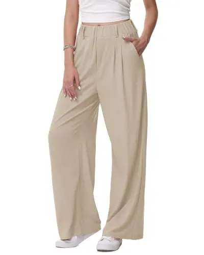Produktbild: HMIYA Weite Hosen Damen-Lässig Locker Stoffhose Leichte Palazzo Hose Hohe Taille Dünne Herbst Hosen mit Tasche,Khaki,XL