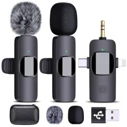 Produktbild: HMKCH Duale Kabellose Lavalier Mikrofone für iPhone, Android, Kamera, Laptop, PC, 4-in-1 Kabelloses Ansteckmikrofon für Videoaufzeichnung, Vlog, YouTube, TikTok