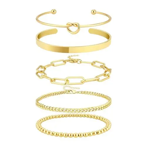 Produktbild: HMOOY 5 Pcs Chain Bracelets for Women 18K Gold-Plated Bracelet Women's Tennis Bracelet Twist Chain Adjustable Fashion Jewellery Bracelet Set Silver Bracelets for Women,Stil I
