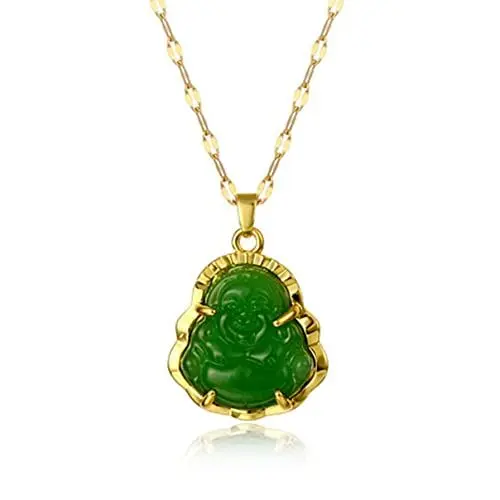 Produktbild: HMOOY Buddha Halskette, Lucky Laughing Buddha Anhänger Halsketten Grün/Weiße Jade Buddha Halskette mit 18 Karat Vergoldeter Kette Schmuck für Damen Herren (Grün 2)