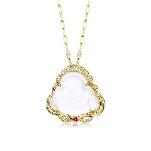 Produktbild: HMOOY Buddha Halskette, Lucky Laughing Buddha Anhänger Halsketten Grün/Weiße Jade Buddha Halskette mit 18 Karat Vergoldeter Kette Schmuck für Damen Herren (Weiß 1)