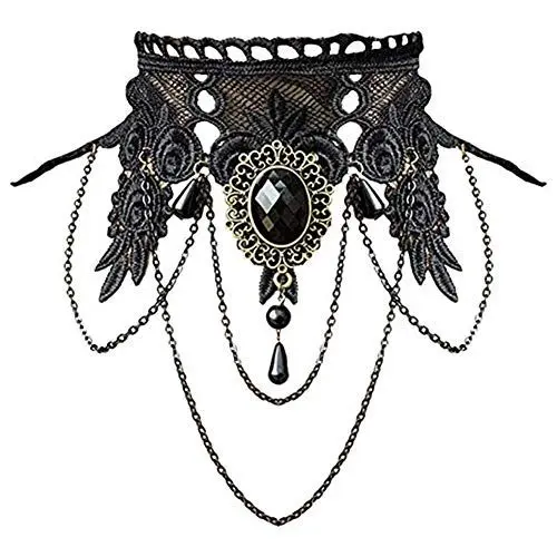 Produktbild: HMOOY Punk Rock Hochzeitsfeier Handgemachte Spitze Halsreif Gothic Retro Lolita Perlen Kette Vampir Anhänger Halskette für Halloween Frauen (Black-C)