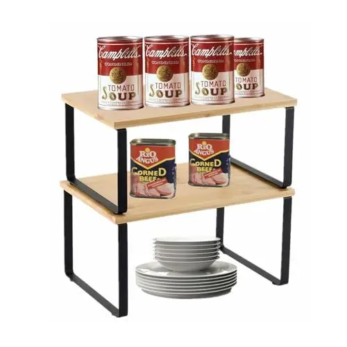 Produktbild: HMRACK Gewürzregal, 2er-Set Bambus-Schrank-Organizer, erweiterbares Küchenregal, stapelbarer Gewürzhalter, Metall und Holzwerkstoff, Schwarz und Natur