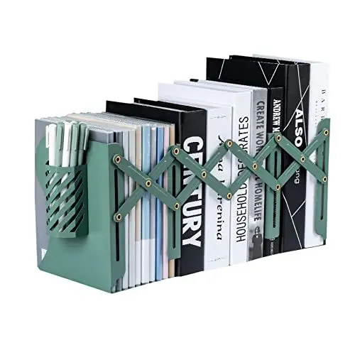 Produktbild: Hmseng Verstellbare Buchstütze, Metall Buchstützen, ausziehbar bis zu 48,3 cm, Erweiterbare Zeitschriftenordner für Schreibtisch,Regal, Büro, Schreibwaren-Grün