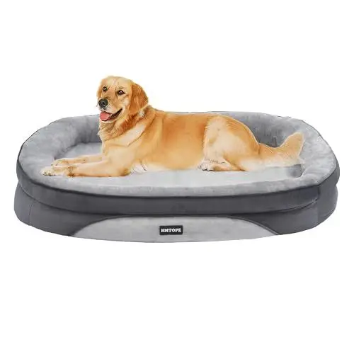 Produktbild: HMTOPE Orthopädisches Hundebett, Hundesofa, Vierseitiges Nackenrolle Kissen, rutschfeste Unterseite Hundekorb, Abnehmbar und Waschbar, Mittelgroße Hunde, Grosse Hunde, 106 x 79 x 17 cm, Hellgrau
