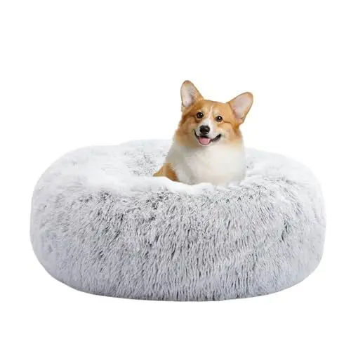 Produktbild: HMTOPE Orthopädisches Hundebett rund Hundekissen Hundesofa Katzenbett Donut Kuscheliges Hundekorb Waschbar, 70 cm Ø, Hellgrau