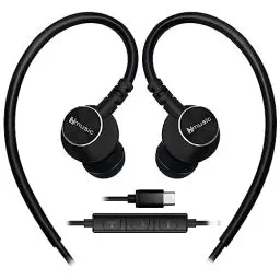 Produktbild: Hmusic Sport-Ohrhörer mit Mikrofon verkabelt, USB Typ C Metall Muschel Ohrstöpsel in-Ear Kopfhörer mit Over Ear Haken Ohrhörer für Sport, Laufen, Training, Übung, Fitnessstudio (Schwarz)