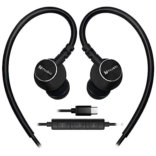 Produktbild: Hmusic Sport-Ohrhörer mit Mikrofon verkabelt, USB Typ C Metall Muschel Ohrstöpsel in-Ear Kopfhörer mit Over Ear Haken Ohrhörer für Sport, Laufen, Training, Übung, Fitnessstudio (Schwarz)
