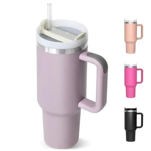Produktbild: HNCY Thermobecher mit Strohhalm 1180ML, Termokaffeebecher to go, Trinkbecher mit Deckel und Strohhalm, Edelstahl Isolierbecher mit Griff, Tumbler Cup für Kalte Heiße Getränke Thermo Becher