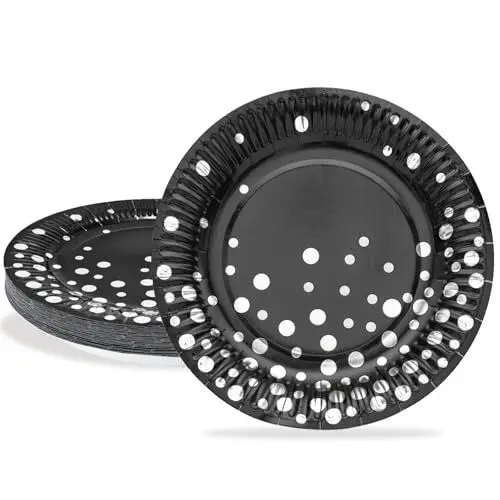 Produktbild: HNH Dessertteller, 18cm Pappteller 24er-Set Schwarz mit Silber Goldfolie Klein Teller Set Partygeschirr Deko Papierteller