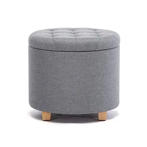 Produktbild: HNNHOME Aufbewahrungshocker rund gepolstert Leinen mit abnehmbarem Sitz zur Aufbewahrung Ø 45 cm Hellblau