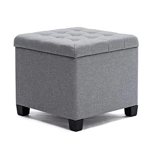 Produktbild: HNNHOME Sitzhocker mit Stauraum, Sitzwürfel mit Deckel, Sitztruhe, Fußbank Truhen Aufbewahrungsbox, Leinen, 44 L, 45 x 45 x 41 cm, hellgrau