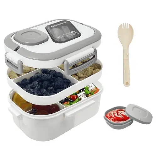 Produktbild: HNNJCK Bento Lunchbox mit Fächern, 2 Lagige Brotbox Vesperbox Brotdose Auslaufsicher Erwachsene, Salatbox To Go Brotzeitbox Snackbox Frühstücksbox Jausenbox Butterbrotdose Schule（Weiß）