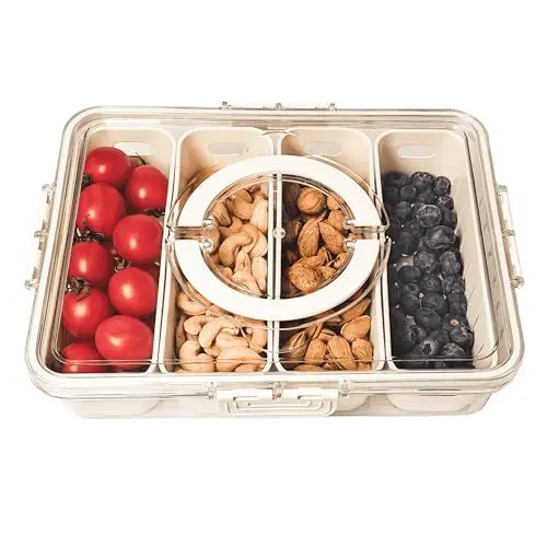 Produktbild: HNNJCK Snackschale mit Deckel, Kunststoff Snackteller Unterteilung Snack Schalen Platte Aufbewahrungsbox, Snackbox Organizer für SüßIgkeiten Candy Veggie Keks Nüsse Obst (4 Fächern)