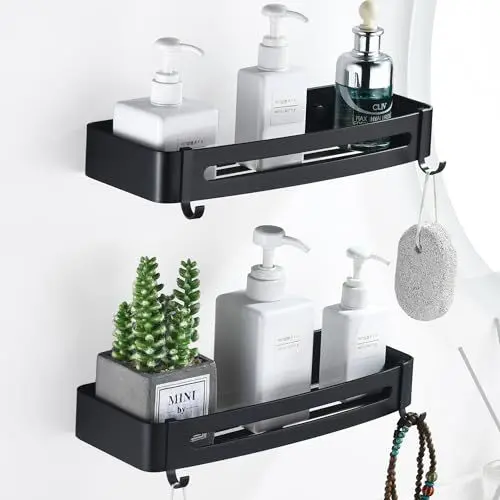 Produktbild: HNVNER Duschregal Ohne Bohren, Duschablage Aluminium mit 4 Haken Rostfreies Badezimmer Regal Shampoo Halterung Dusch Ablage mit Aufkleber (2 Stück, Schwarz)