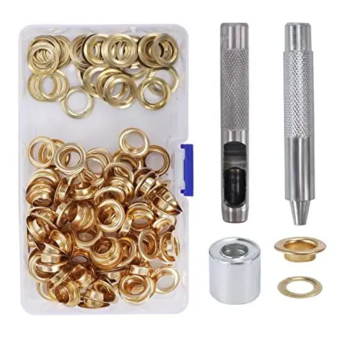 Produktbild: HO2NLE 100 Ösen Ösenzange Set Ösenwerkzeug Planenösen 10 mm (2/5 Zoll) Grommet Werkzeug Kit mit Aufbewahrungsbox Locheisen & Einschlagstempel Ösen für Leder Stoff Planen Papier Vorhang Gold