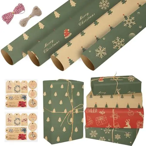 Produktbild: HO2NLE 12 Stück Geschenkpapier Weihnachten Set 50x74 cm Weihnachtspapier DIY Geschenkpapier Set für Weihnachten Geschenkverpackung 16 Aufkleber, 2 Rollen Bindfäden Packseil