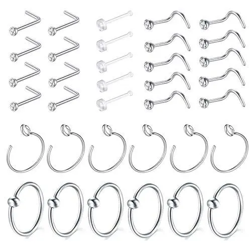 Produktbild: HO2NLE 20G Nasenring Piercing 316L Nasenpiercing Stecker Silber Nasenstecker C Förmig Nasenring Septum Nasenstecker Schmuck Set für Frauen Männer
