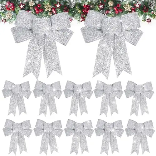 Produktbild: HO2NLE 12 Stück Weihnachtsbaumschleifen, Weihnachtsschleifen, glitzernde Weihnachtsschleifen für Partys, Bankette, Weihnachtsbaumschmuck (Silber)