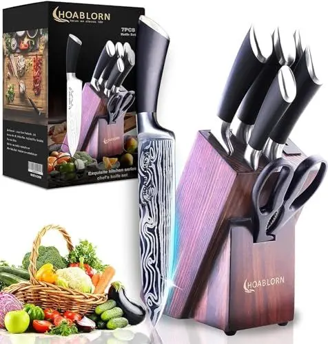 Produktbild: HOABLORN 7-TLG Messerblock Set mit Holzblock, Selbstschärfend für Kochmesserset, Edelstahl Messerset Profi Küchenmesserset Gut für Zuhause, Koch, Hochzeit, Einzugsgeschenk