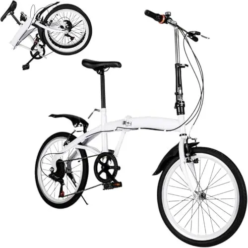 Produktbild: HOARLICN 20 Zoll Klappfahrrad, Faltrad 6-Gang-Klapprad Erwachsene Klappfahrrad Doppel-V-Bremse Faltrad Höhenverstellbares Klapprad für Männer und Frauen, Weiß