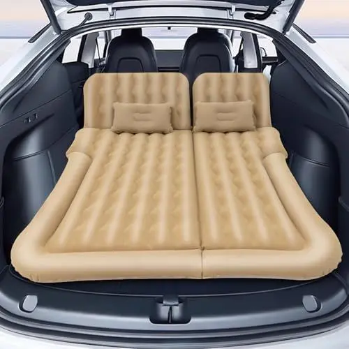 Produktbild: HOARLICN Auto Matratze, SUV Reisematratze Bett Aufblasbar Camping Schlaf Luftbett Mit Elektrische Luftpumpe Und 2 Kissen Abziehbar Aufblasbare Matratze Auto Dickere Luftbett Für Camping, Reisen（Beige）