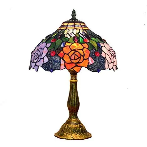 Produktbild: Hobaca 12 Zoll Buntglas Rose Tiffany Tischlampe Art Dekorative Weinlese Nachttischlampe Elegant Schlafzimmer Lampe für Wohnzimmer Studie Schlafzimmer