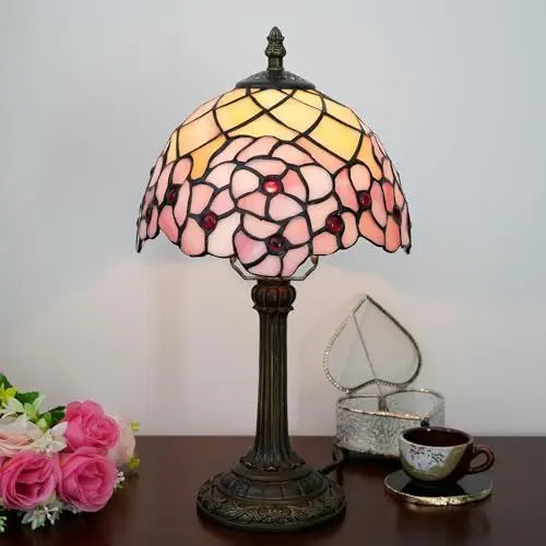 Produktbild: Hobaca 8 Zoll E7 Tiffany-Lampe, Rosa Kirsch-Stil, Buntglas-Lampen, Schlafzimmer-Nachttischlampen Für Wohnheim, Büro, Kunsthandwerk, Antikes Dekor, ästhetischer Nachttisch, Retro-Metall-Tischlampen