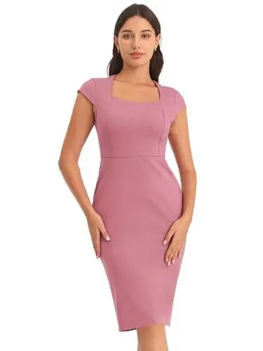 Produktbild: Hobemty Damen Etuikleid Quadratischer Ausschnitt Flügelärmel Arbeit Bleistiftkleider Kleid Rosa XL