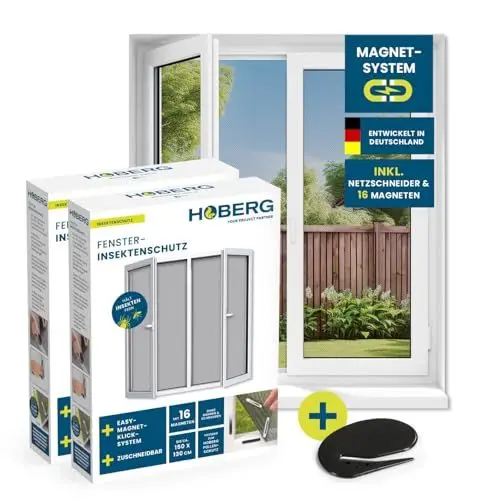 Produktbild: HOBERG Insektenschutzgitter mit Magnetbefestigung | Fliegengitter Fenster | zuschneidbares Moskitonetz bis 150 x 130 cm | 16 Magnete | Insektenschutz Fenster ohne Bohren | 2er-Set