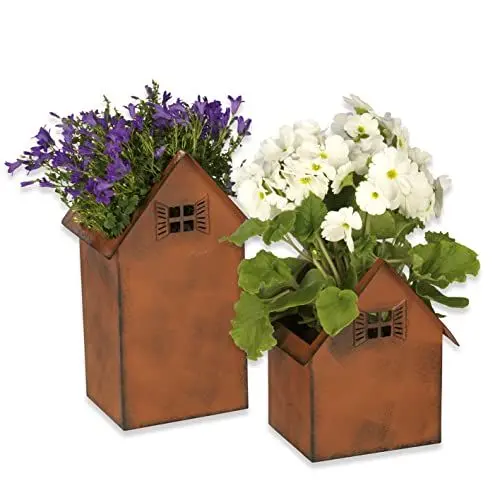 Produktbild: Hoberg Blumentöpfe in Rostoptik - 2er Set | Wetterbeständige eckige Pflanzkübel im Häuser-Design in 2 Größen | Perfekt als Deko für Garten, Teich, Balkon, Haustür & Eingangsbereich | Für In- & Outdoor