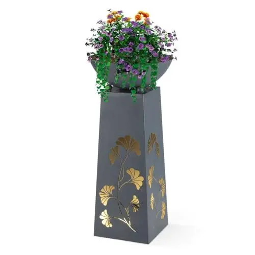 Produktbild: Hoberg LED Pflanzsäule Ginkgoblätter-Design in Beton-Optik | Abnehmbare Pflanzschale (Ø 34cm) In- und Outdoor geeignet | Integrierte Beleuchtung, 6h Timer, kabellos (23 x 23 x 70 cm)
