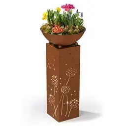 Produktbild: Hoberg LED Pflanzsäule Pusteblumen-Design in Rost-Optik | Abnehmbare Pflanzschale (Ø 34cm) | Integrierte Beleuchtung, 6h Timer, kabellos, witterungsbeständig | Für In- & Outdoor (19 x 19 x 72 cm)