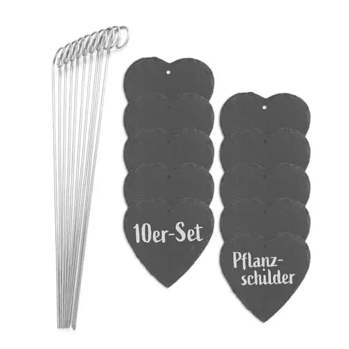 Produktbild: Hoberg Schiefer-Pflanzschilder - 10er Set | Witterungsbeständig, Wiederverwendbar | Individuelles Beschriften von Pflanzen, Kräutern & Blumen | Mit Erdspießen aus Stahl | Maße 10 x 10 x 0,5 cm (Herz)