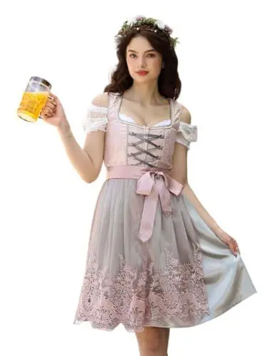 Produktbild: Hobrounn Dirndl Damen Midi 3tlg Trachtenkleid Trachtenmode Trachtenrock Kleid Dirndlkleid Dirndlbluse mit Spitzenschürze für Oktoberfest(Grau,38)