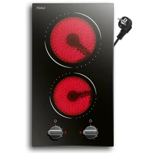 Produktbild: Hobsir Autarkes Glaskeramikkochfeld 2 Platten 30 cm, Elektroherd Eingebautes 2-Zonen-Keramikkochfeld mit Elektronischer Drehknopfsteuerung, 3000W