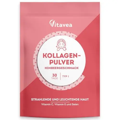 Produktbild: Hoch Effizientes Kollagenpulver mit Himbeergeschmack - Kollagen Peptide Typ 1 - Vitamin C, Vitamin E, Selen – Für strahlende junge Haut - 3400 mg hydrolysiertes Kollagen pro Dosis – Vitavea
