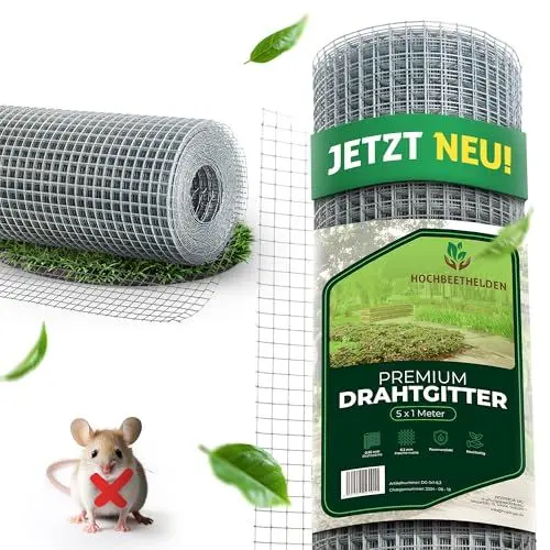 Produktbild: HOCHBEETHELDEN Wühlmausgitter für Hochbeete aus rostfreien feuerverzinkten feinmaschigen Drahtgitter |5 x 1 m| Hasendraht mit 6,3 mm Maschenweite | Kaninchendraht aus 0,55 mm Drahtgeflecht