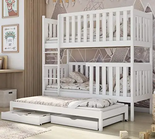 Produktbild: Hochbett 80x180 | 90x200 cm mit Ausziehbett Kinderbett mit Ausziehfunktion zwei Schubladen Lattenrost extra hoher Rausfallschutz umbaubar in 3 Einzelbetten weiß 80x180 cm von 3. bis 12. Lebensjahr