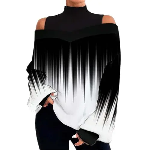 Produktbild: Hochgeschlossenes, trägerloses, langärmliges T-Shirt-Oberteil für Damen mit Blumenmuster Große Größen (White, M)