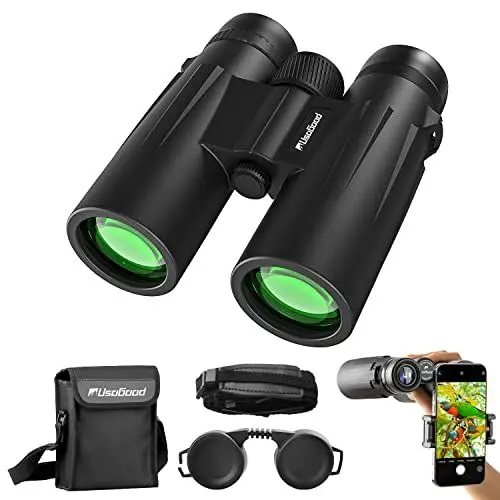 Produktbild: Hochleistungsfernglas, Usogood 10x42 HD Kompaktfernglas für Erwachsene mit BAK4-Prisma und FMC-Objektiv, wasserdicht für Vogelbeobachtung, Jagd, Wandern mit Smartphone-Adapter