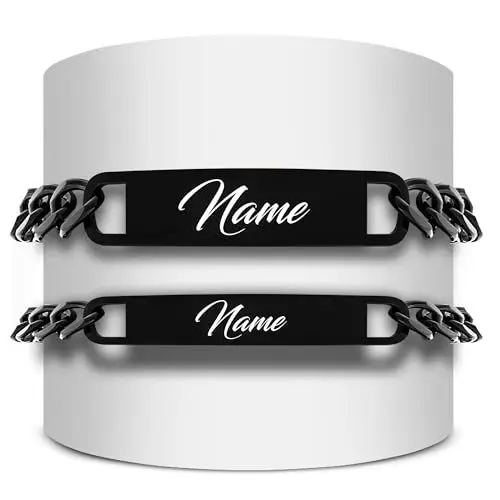 Produktbild: Hochwertige Edelstahl Partnerarmbänder – 2 personalisierte Armbänder mit Gravur und Namen für Paare, Männer und Frauen – Allergikerfreundlich, in Silber, Gold und Schwarz
