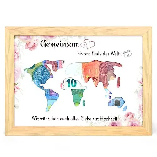 Produktbild: Hochzeit Geldgeschenke Weltkarte, kreatives Hochzeitgeschenke für Brautpaar, originell Geld Geschenk Verpackungen, coole Bilderrahmen Hochzeitsgeschenk, DIN A5 (Holzfarbe)
