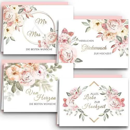 Produktbild: Hochzeit Glückwunschkarten 4er Set Rosen Aquarell mit altrosa Umschlägen Klappkarten elegante und moderne Hochzeitskarten